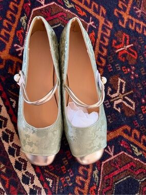 Sage Green Brocade Mary Jane Flats with Gold Cap Toe